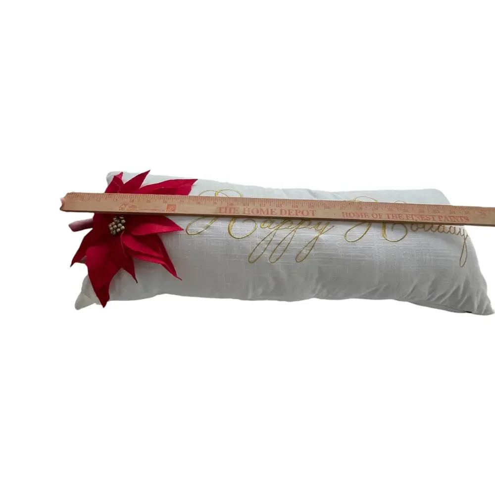 Pier 1 Happy Holidays Poinsettia Pillow Christmas Long White Rectangular READ